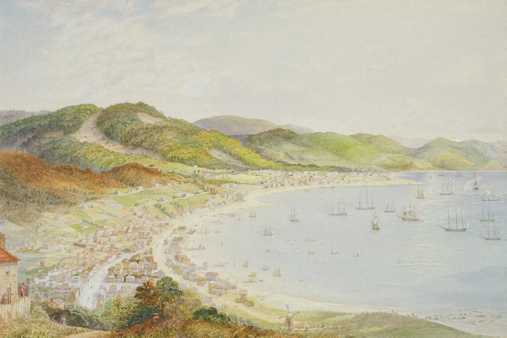 a painting of a beach with boats in the water