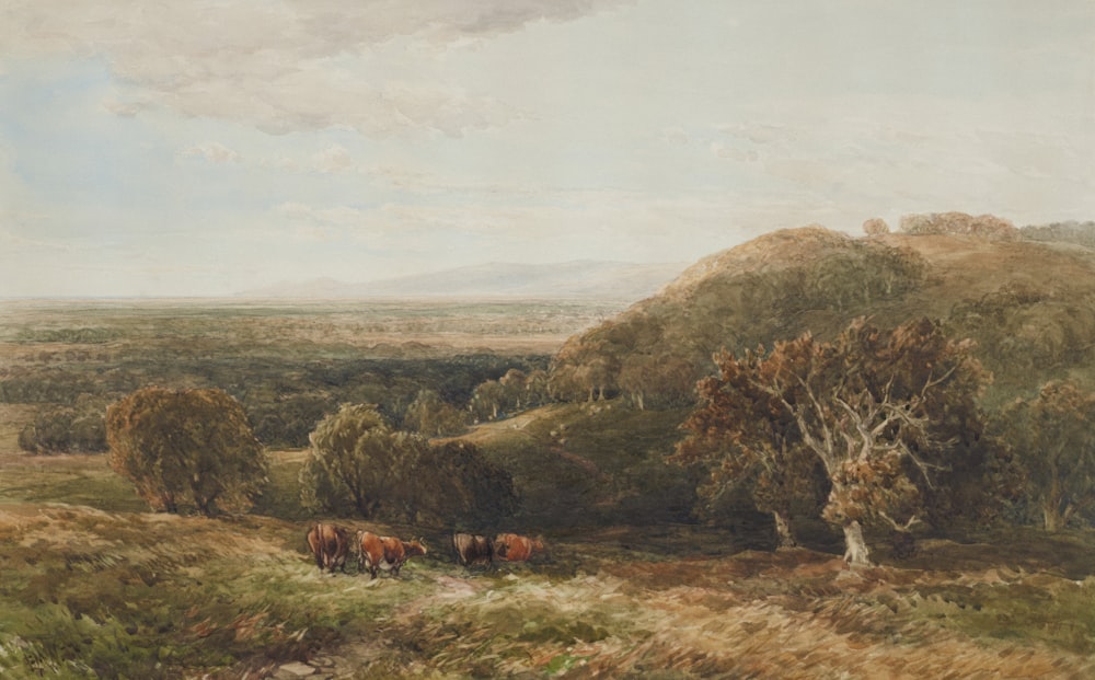 a painting of cows grazing in a field