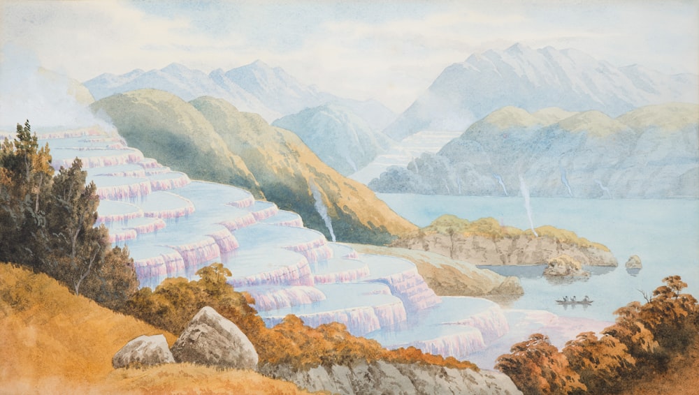 a painting of a landscape with mountains and a body of water