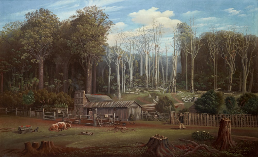 a painting of a wooded area with a farm and a cabin