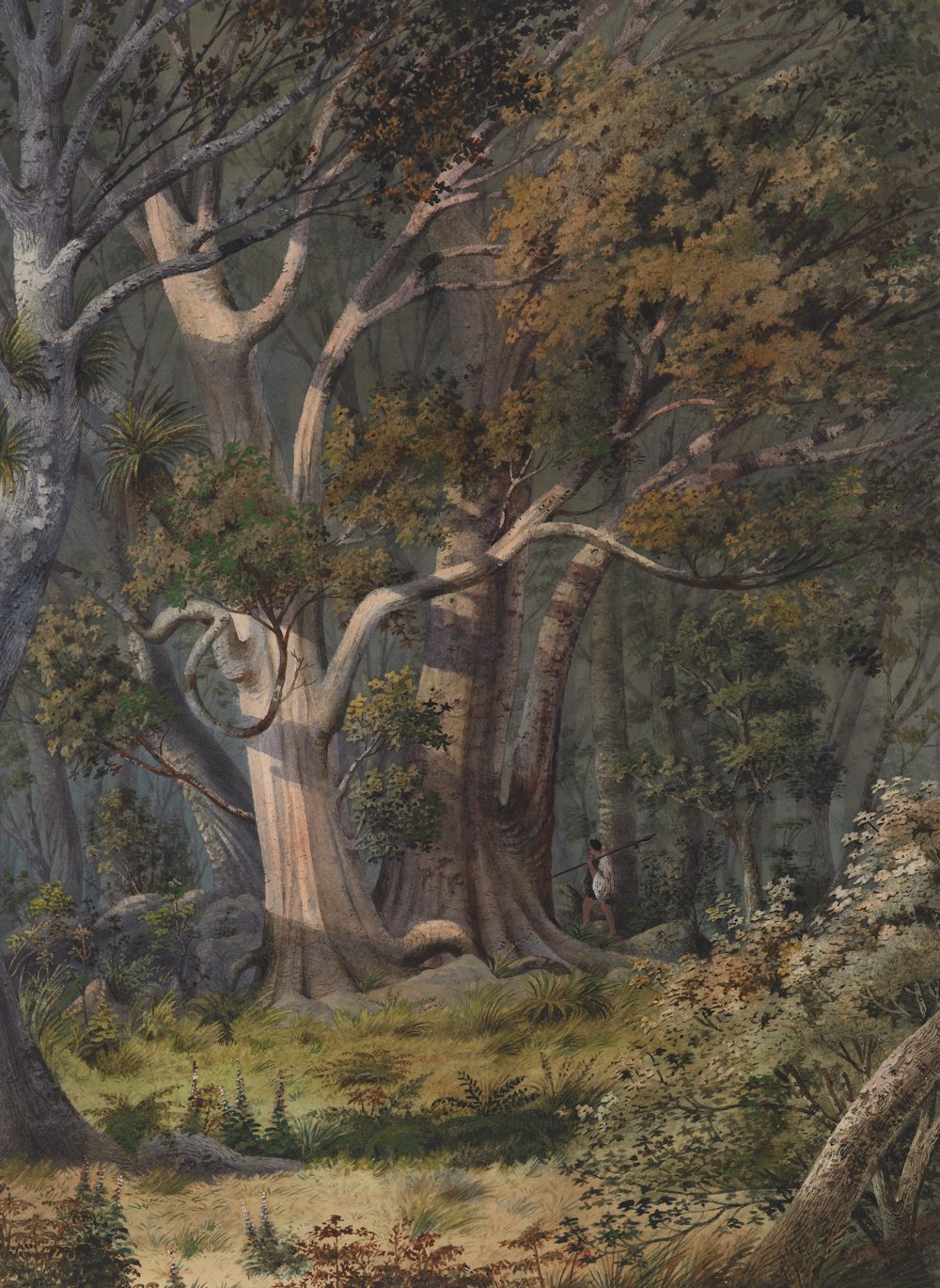 Una pintura de un bosque con muchos árboles