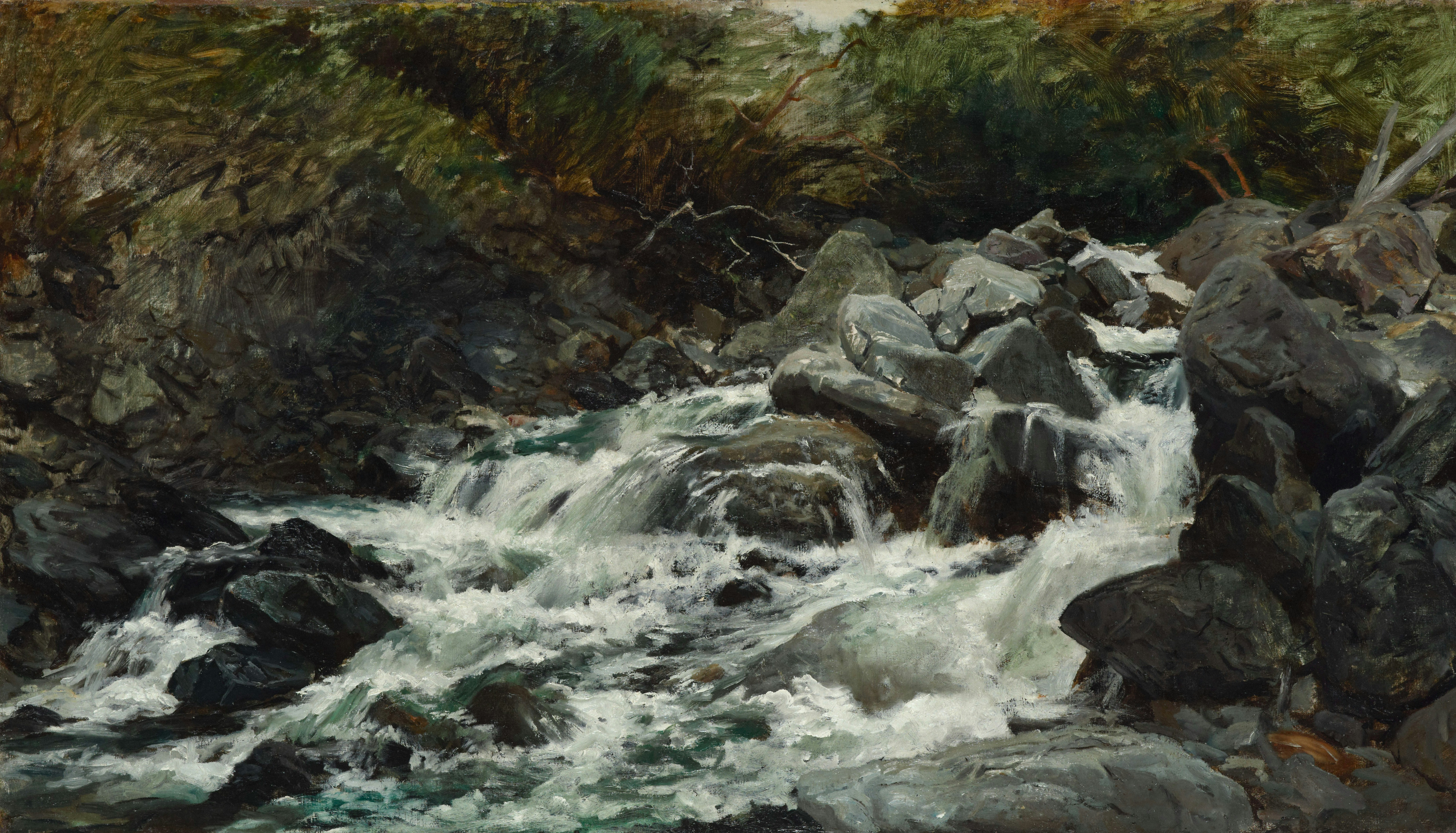 A rocky stream flows through a lush forest.
