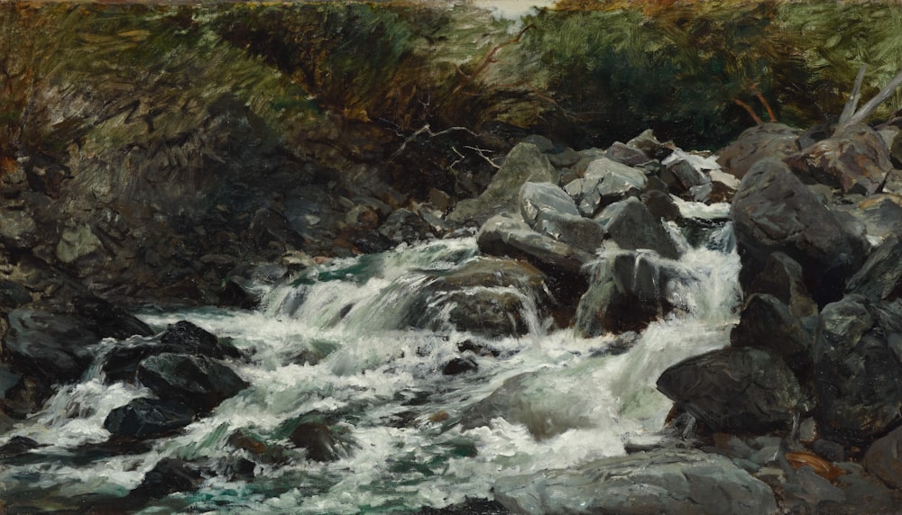a painting of a river with rocks and water