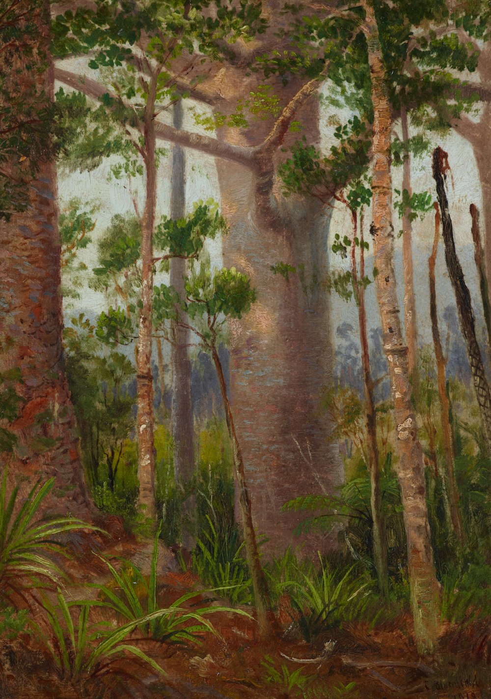 a painting of a forest with tall trees