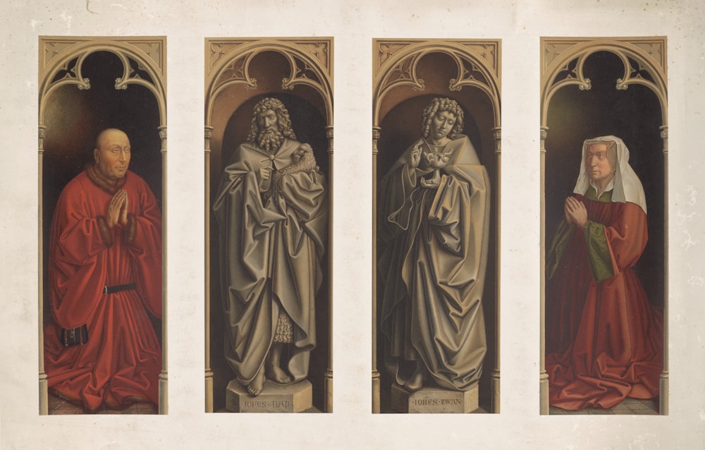 a painting of three statues of men and women