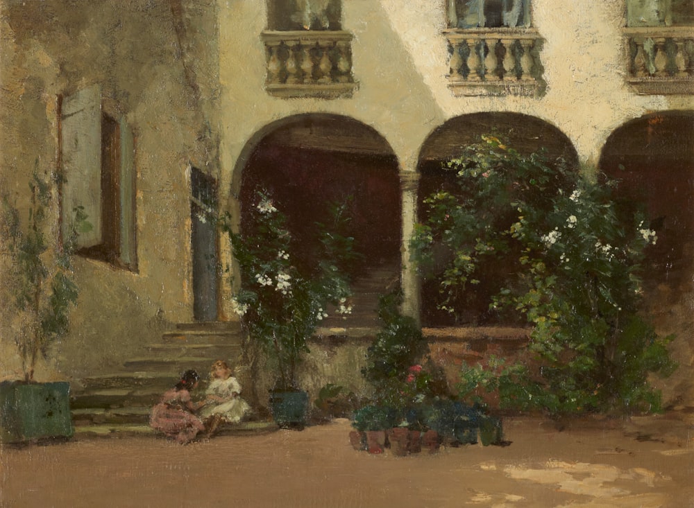 a painting of a woman sitting in front of a building