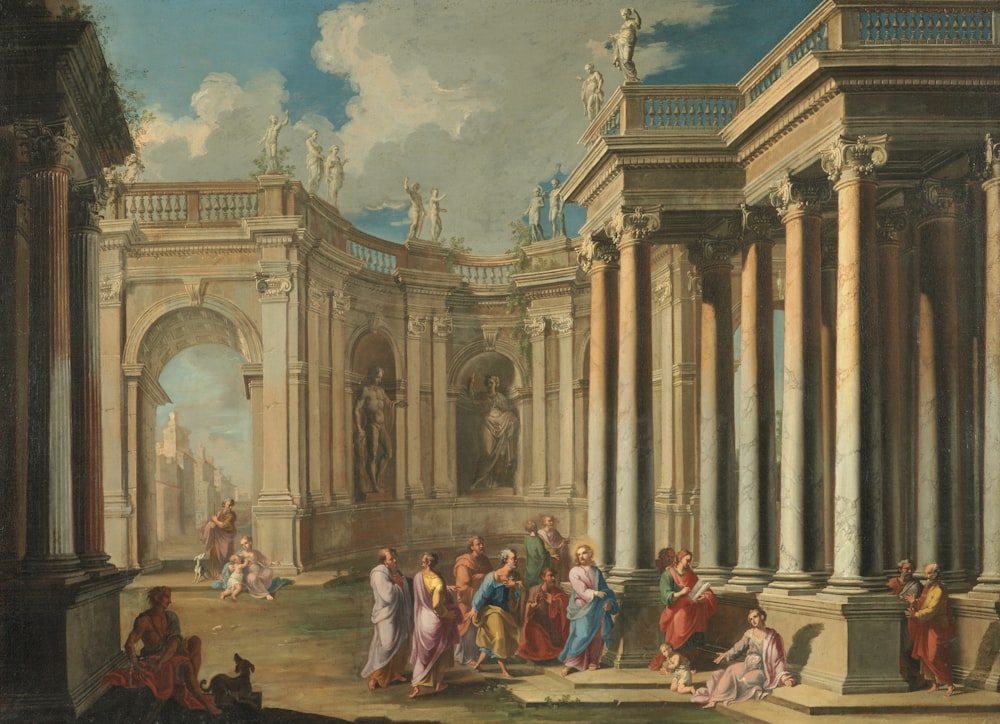 a painting of a group of people in a palace