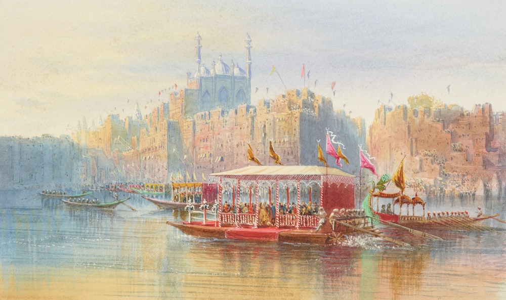uma pintura de um barco cheio de pessoas em um rio