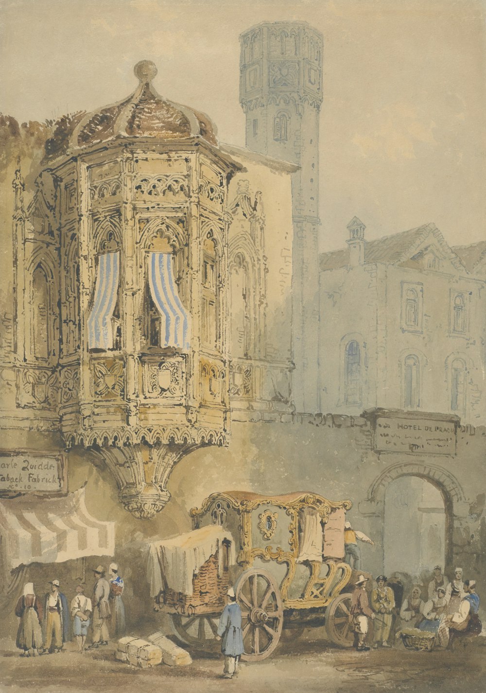 a painting of a horse drawn carriage in front of a building