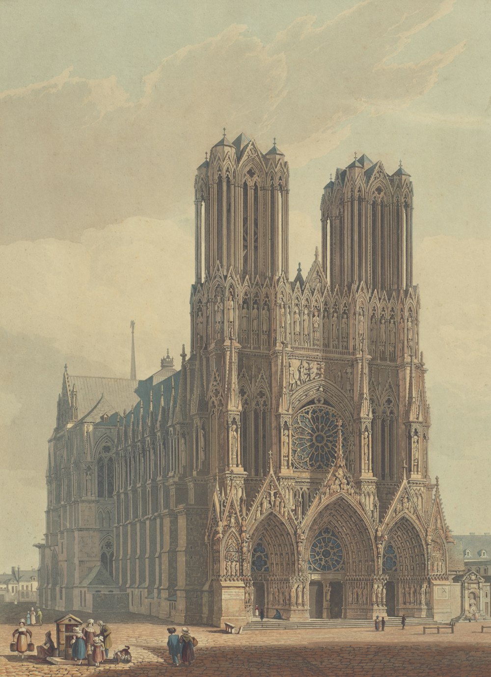 a painting of a cathedral with people standing outside