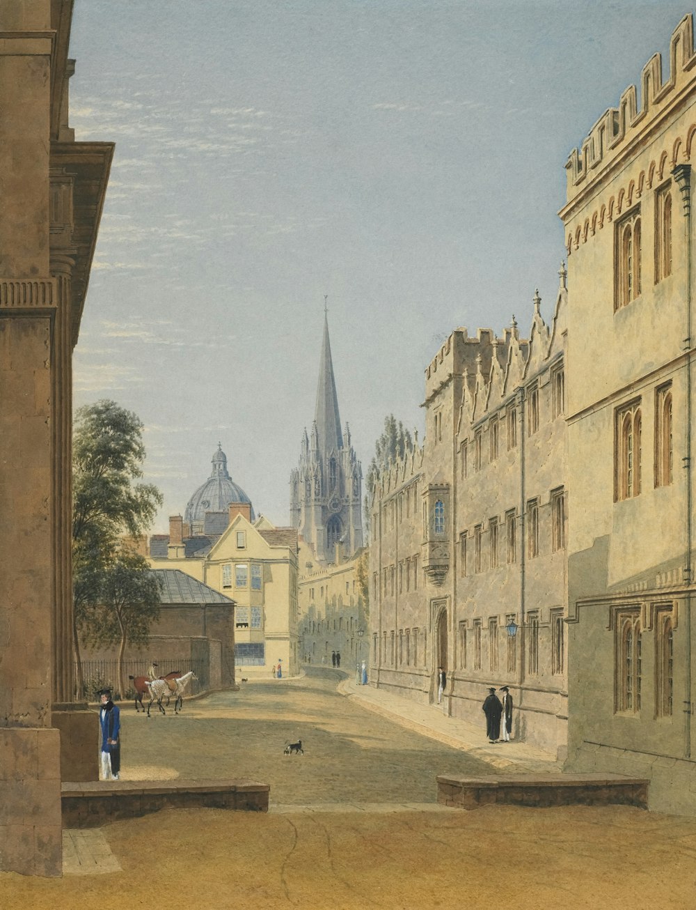 a painting of a city street with a church in the background