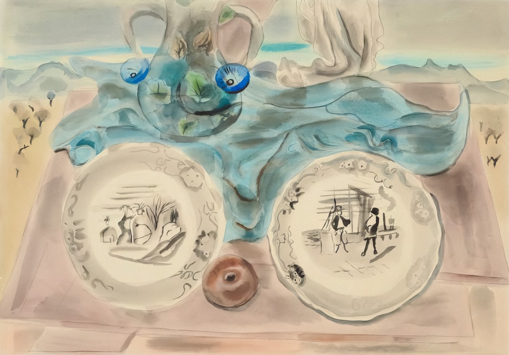 uma pintura de dois pratos e um vaso sobre uma mesa