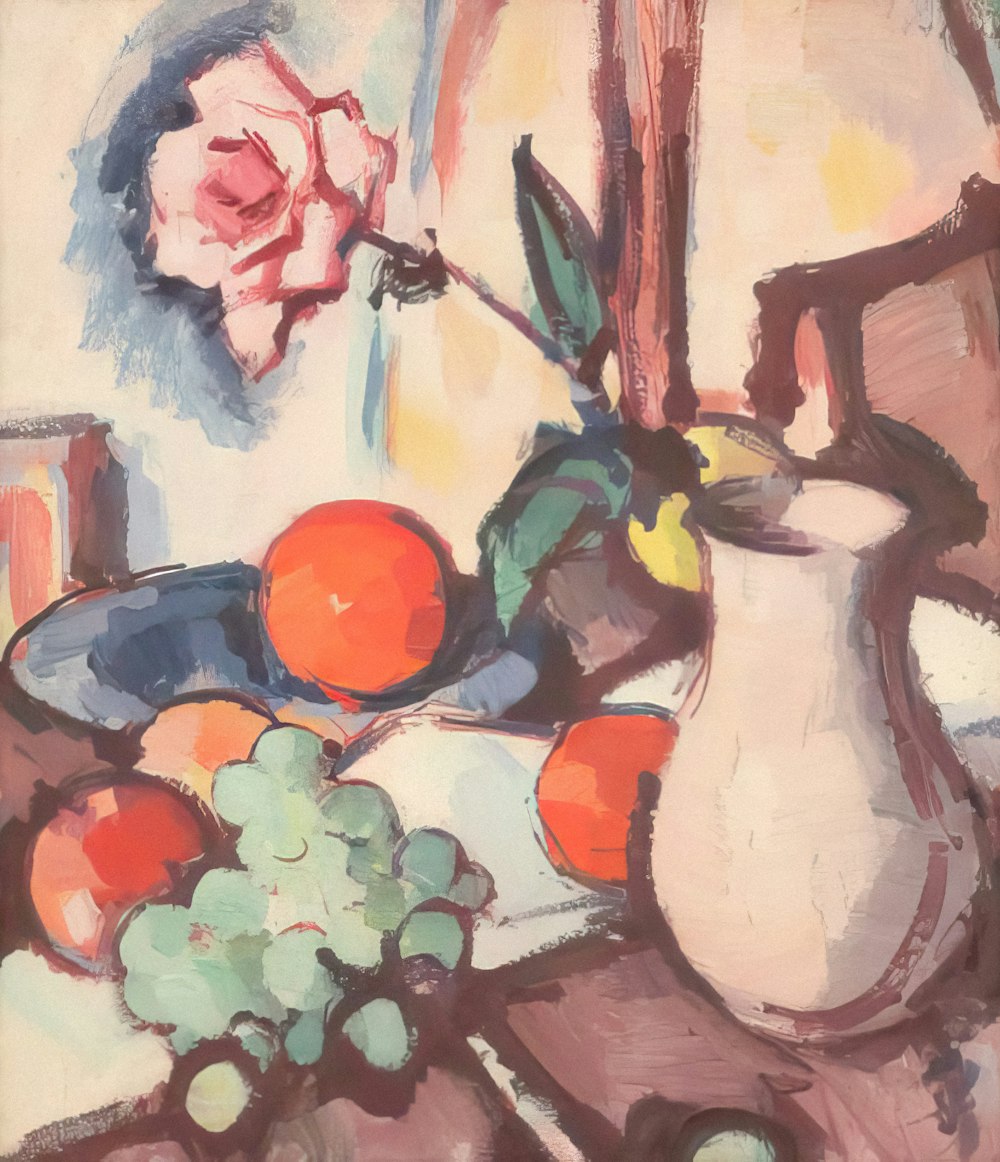a painting of flowers and fruit on a table