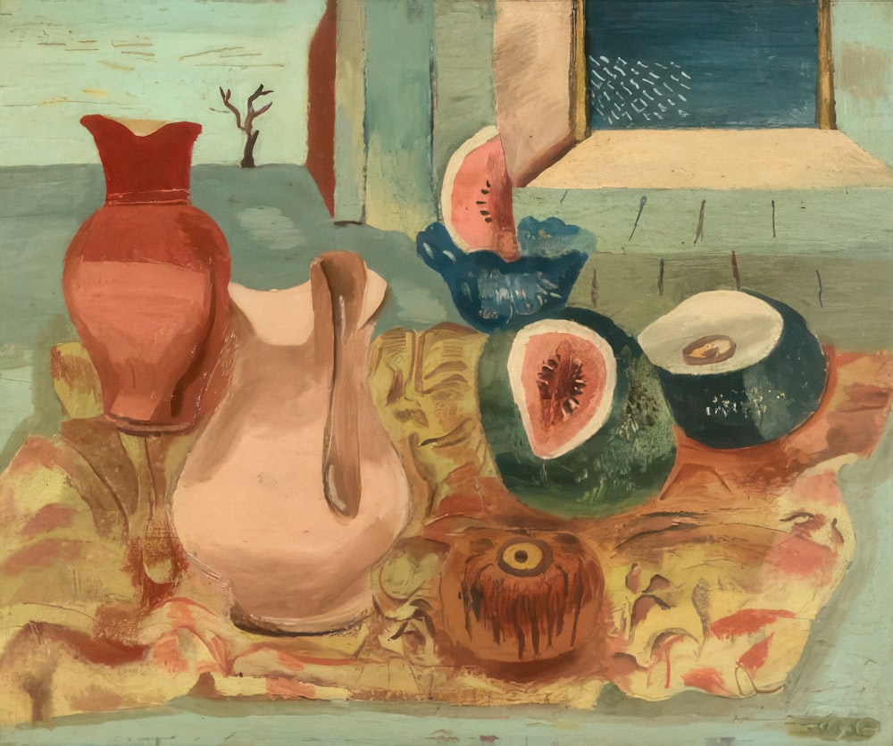 uma pintura de vasos e outros itens sobre uma mesa