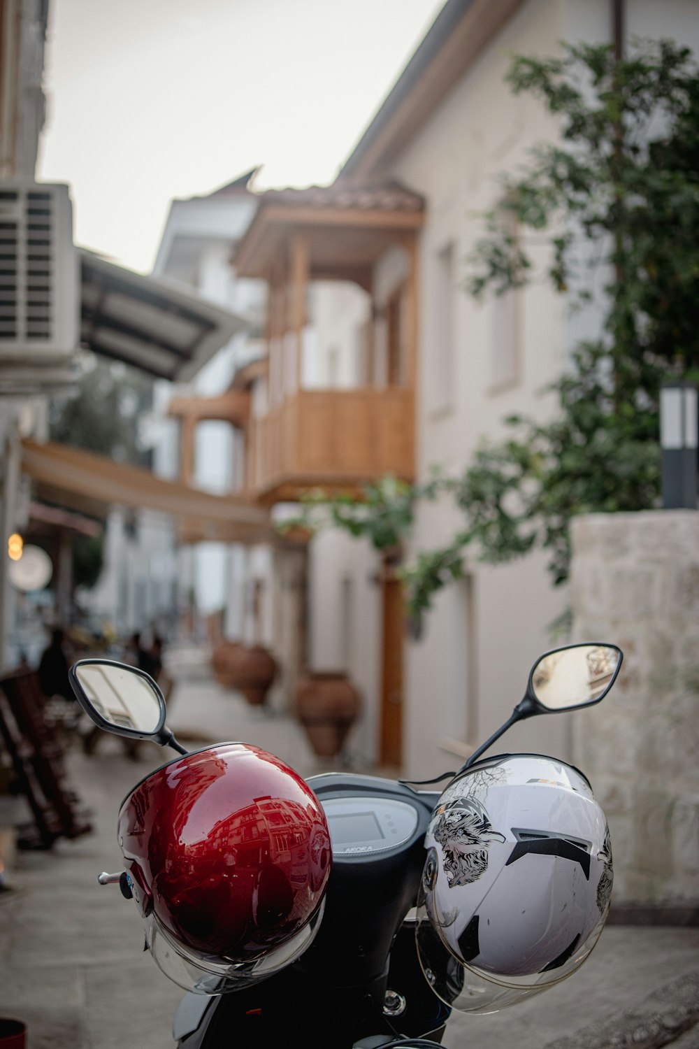 a motorcycle parked on the side of a street