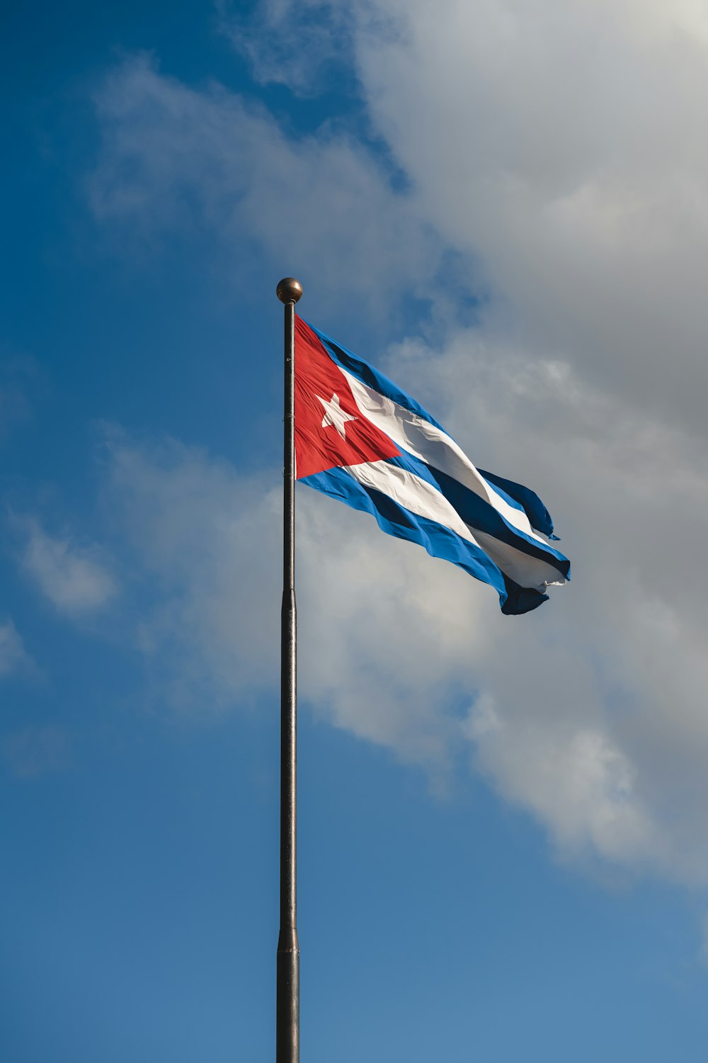 a flag flying in the wind on a cloudy day