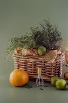 A basket filled with assorted organic spices and dried herbs.