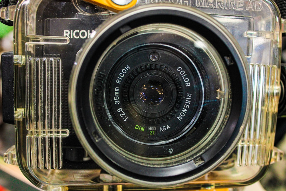 a close up of a camera on a table