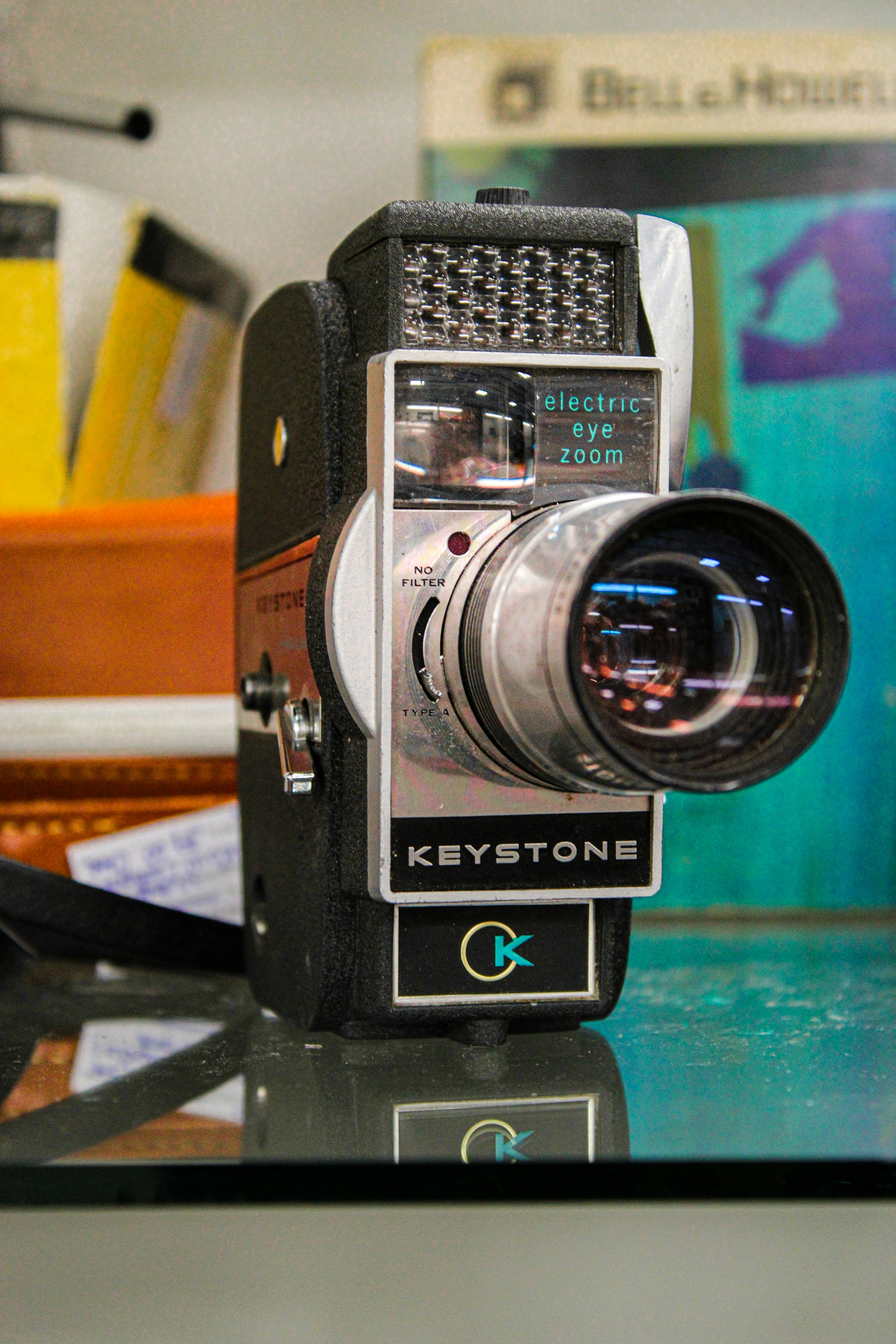 a camera sitting on top of a glass table