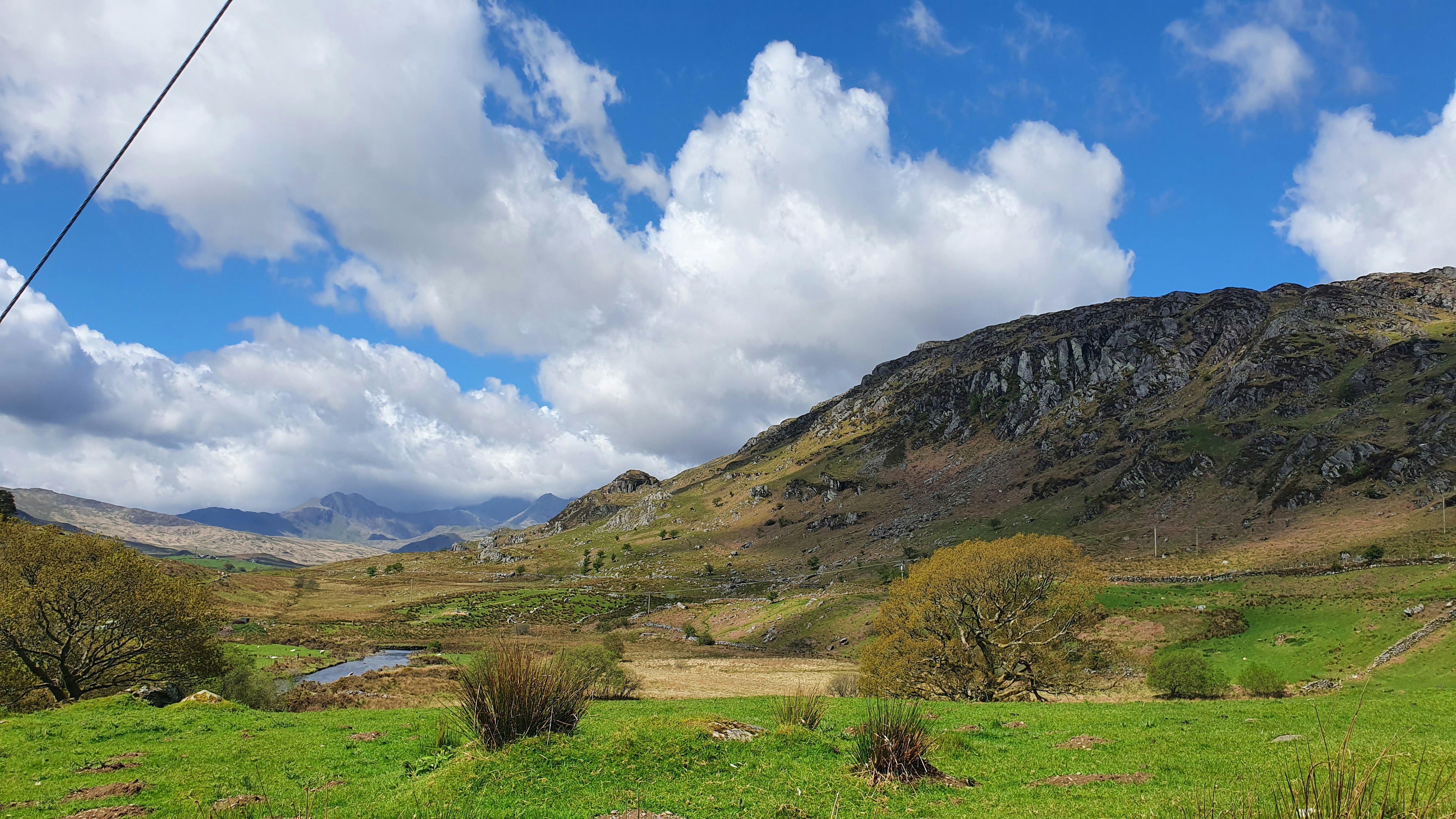 a green field with a mountain in the background
