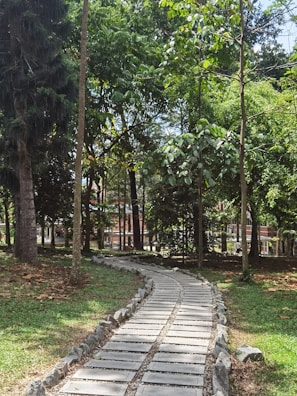 Wide shot of a community park with winding paths, trees, and decorative stone elements.
