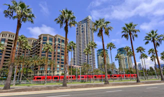 a red train traveling past tall buildings and palm trees
