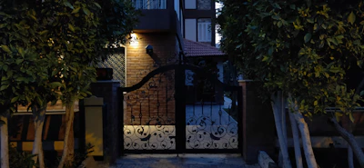 Elegant black iron gate with intricate exclusive design at dusk.