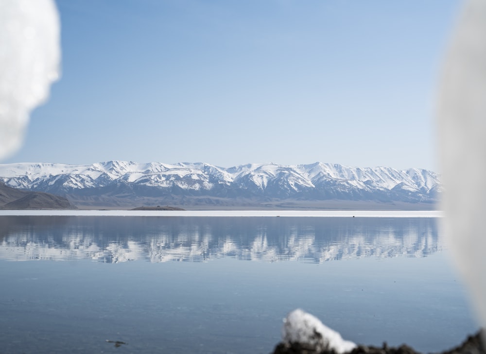 a large body of water surrounded by snow covered mountains