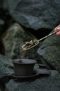 A hand holding a brass tea strainer filled with loose tea leaves, positioned over a dark ceramic gaiwan set against a background of large, rugged stones.