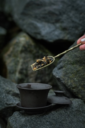 A hand holding a brass tea strainer filled with loose tea leaves, positioned over a dark ceramic gaiwan set against a background of large, rugged stones.