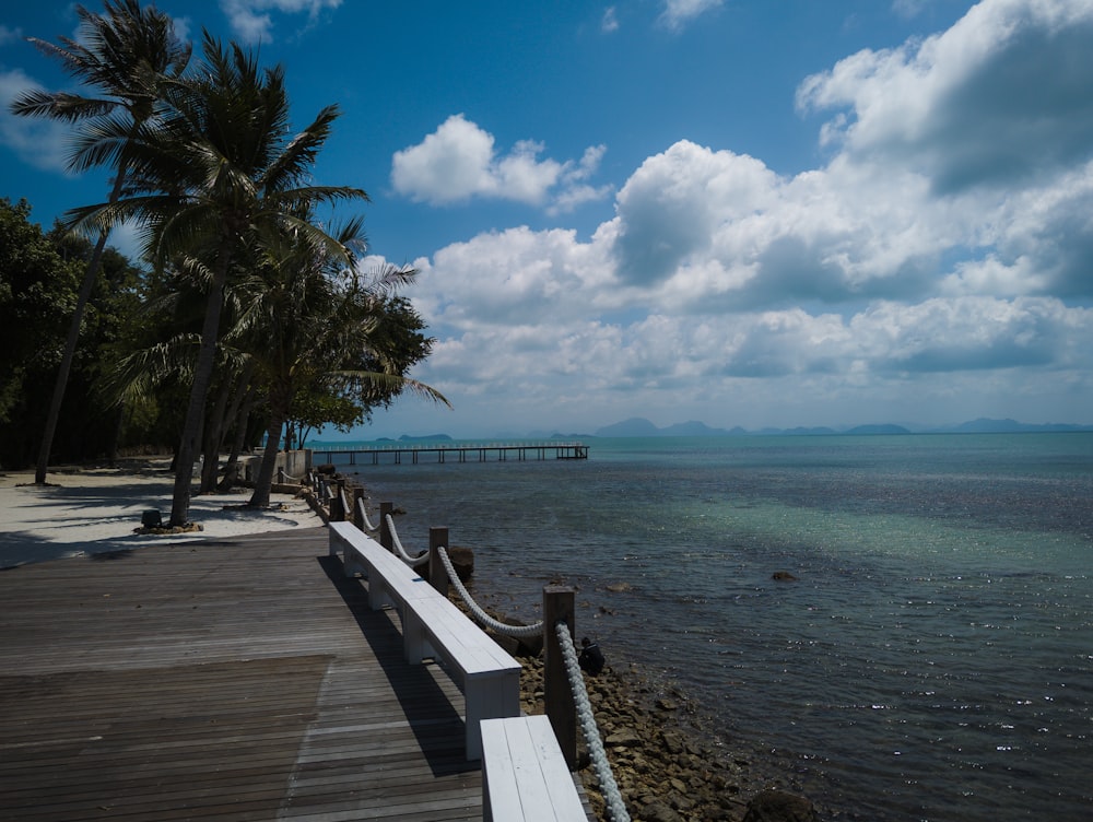 a long wooden pier next to a body of water