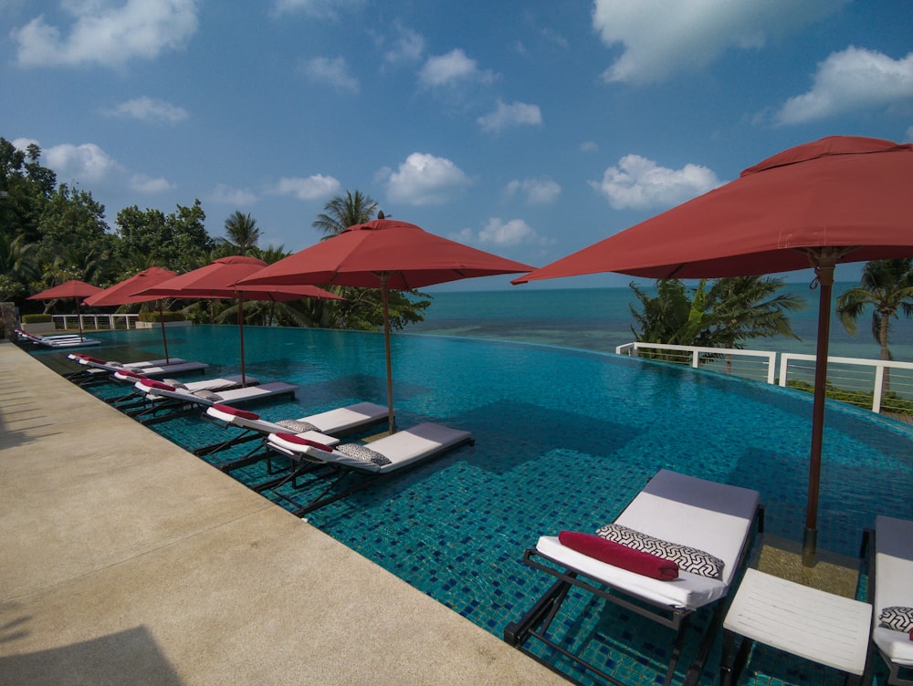 a row of lounge chairs sitting next to a swimming pool