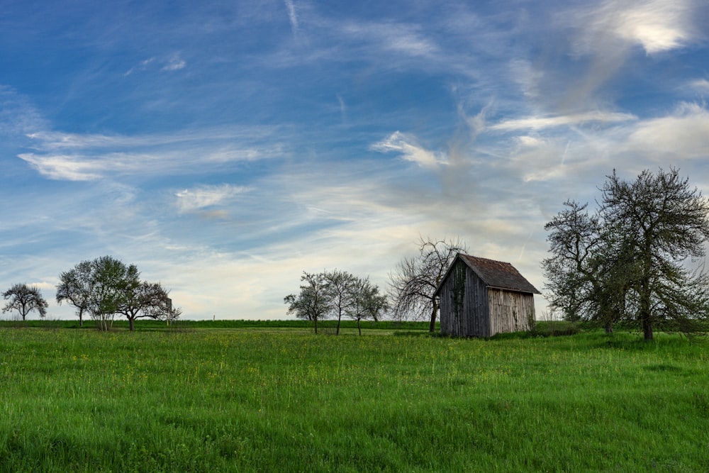 a barn in a field with trees in the background