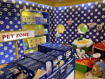 A colorful pet store section with a vibrant blue and yellow floral theme. Shelves are filled with pet party kits, grooming products, and toys. A plush cushion shaped like a flower with a smiley face is placed in the corner along with stuffed animals resembling dogs and lions. The area is labeled as 'Pet Zone' with a prominent sign.