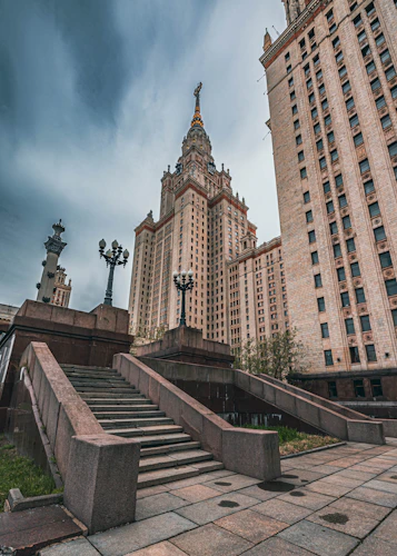 Close-up of the university’s ornate architectural details showcasing classic Soviet style