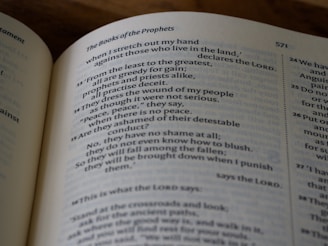 A close-up view of an open book, displaying text from the Books of the Prophets. The text is printed in two columns with verse numbers on the side. The lighting casts a soft shadow, adding depth to the page.