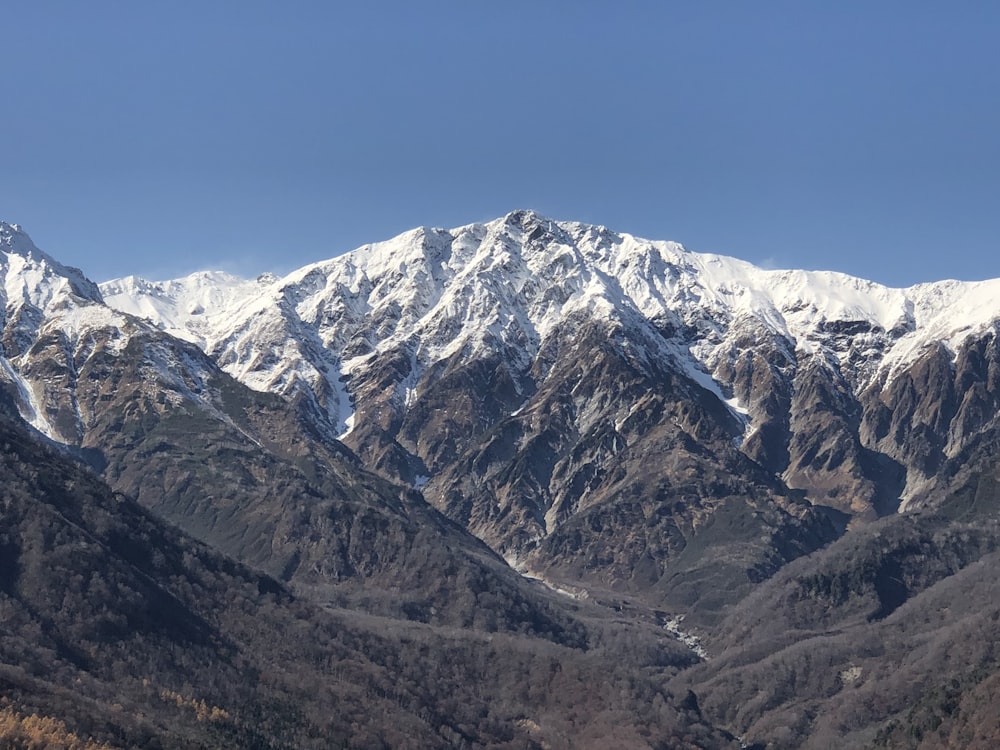 a view of a snowy mountain range from a distance