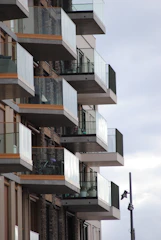 Terrazzo balustrade on a contemporary building exterior.