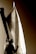 A person wearing a hat is silhouetted against a large sail. The light and shadow create a dramatic contrast on the sailcloth, highlighting its texture and structure. The angle suggests the person is involved in handling or observing the sail, contributing to a nautical theme.