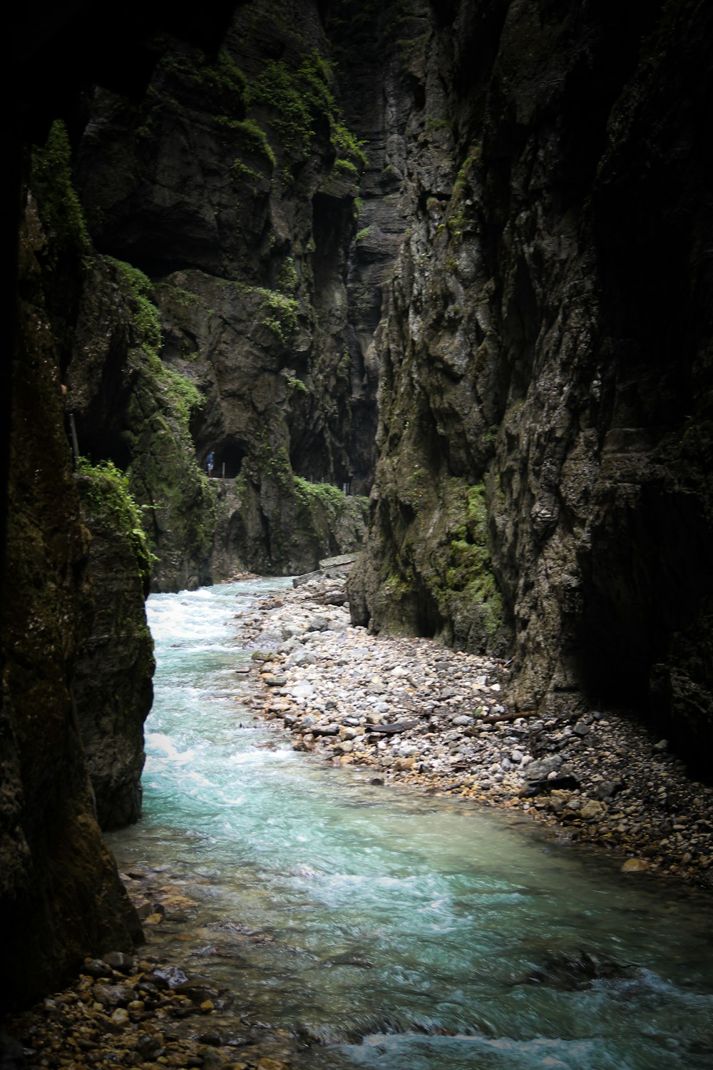 a river running through a rocky canyon next to a forest