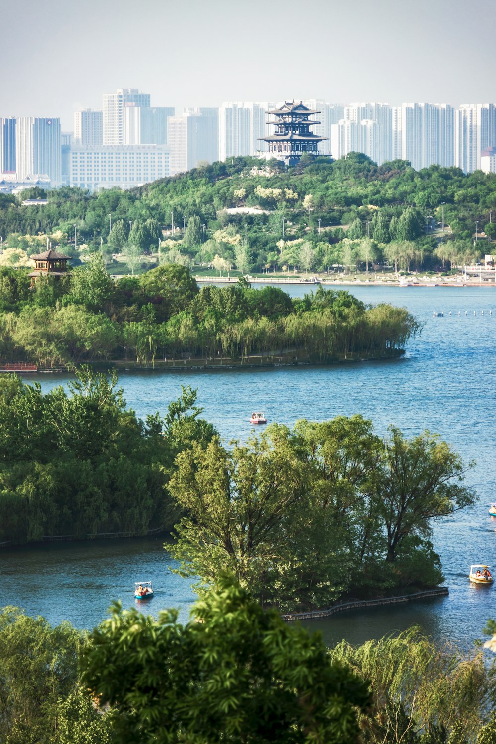 a body of water surrounded by trees and buildings