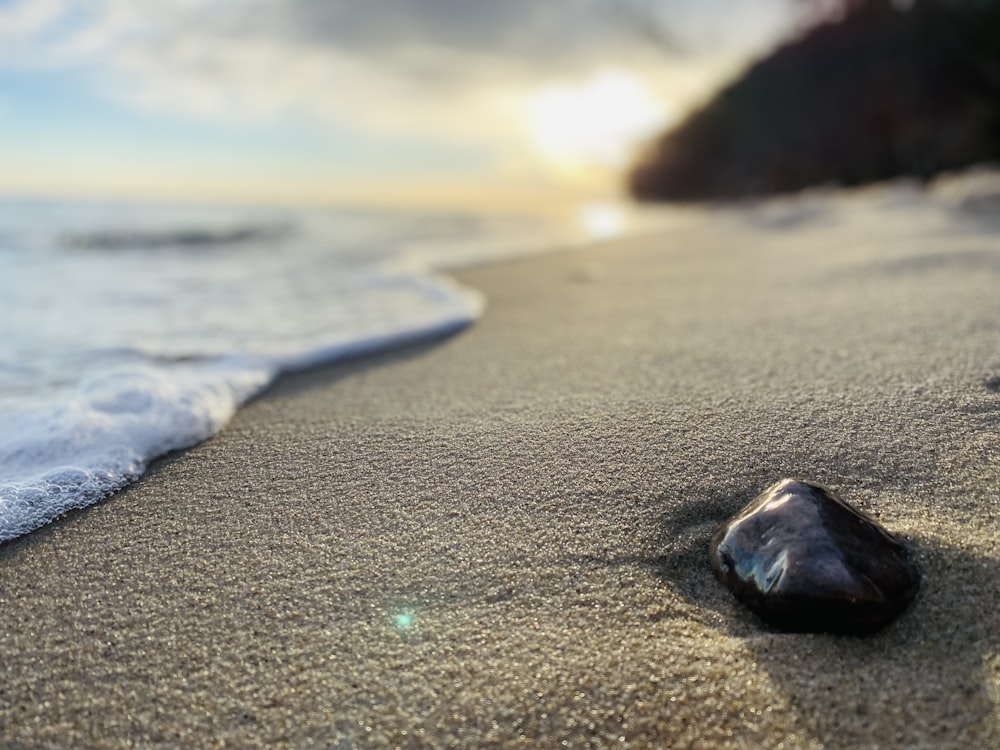 a close up of a rock on a beach near the ocean