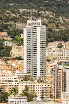 A tall, modern high-rise building stands prominently among lower residential structures and lush greenery. The background features a hillside covered with trees, enhancing the contrast between nature and urban architecture. Various smaller buildings with diverse architectural styles surround the high-rise, creating a dense cityscape.