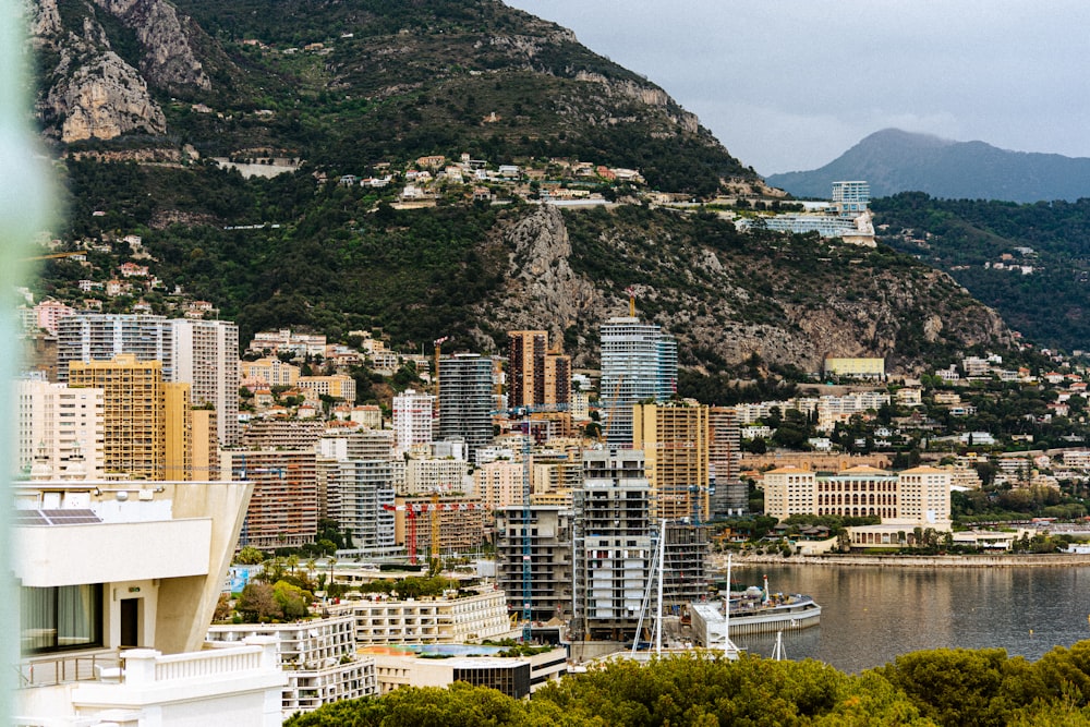 a view of a city with a mountain in the background