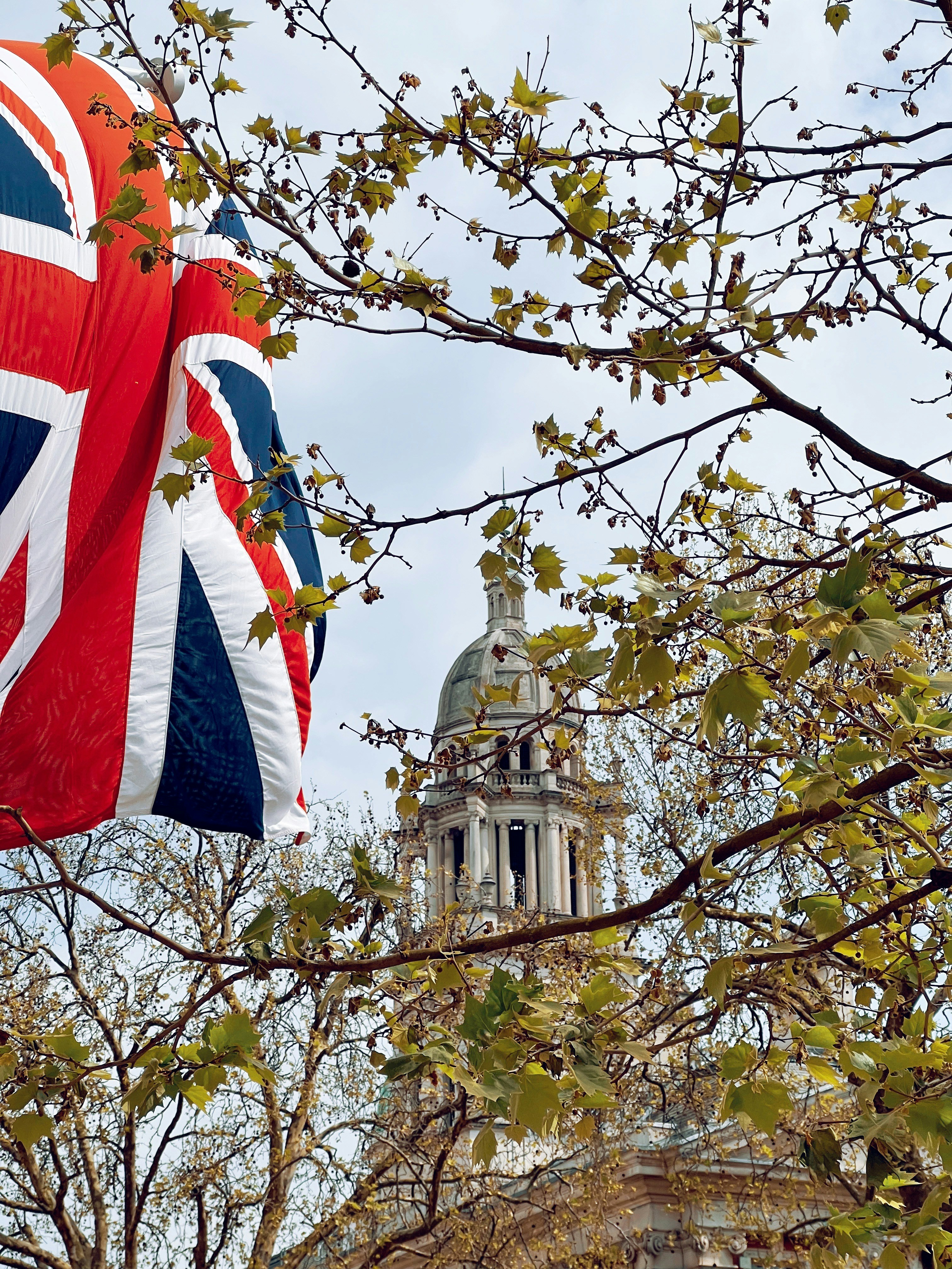 a british flag hanging from a tree in front of a building