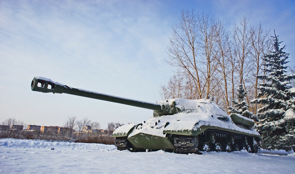 a tank that is sitting in the snow