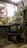 An indoor space featuring a vintage television set placed on a decorative stand with an intricate design. On top of the TV, there is an old typewriter, while surrounding it are various potted plants. The background includes a window that looks into another room with hanging lights and patterned tiles visible.