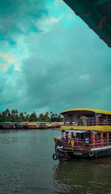 A traditional houseboat is floating on a serene body of water under a cloudy sky. The boat has a unique design with a thatched roof and is adorned with vibrant colors. In the background, more houseboats line the water's edge, surrounded by lush palm trees.