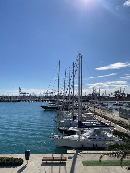 a marina filled with lots of boats under a blue sky