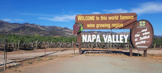 A large wooden sign welcomes visitors to Napa Valley, known for its world-famous wine-growing region. The sign includes illustrations of grapes and vineyards, along with a quote about wine. Behind the sign, rows of grapevines stretch towards rolling hills under a clear blue sky.